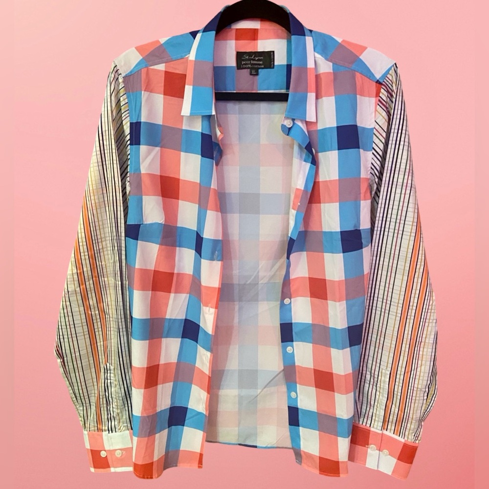 St. Lynn Red/Pink/Blue Plaid & Striped Collared Cotton Long Sleeve Button Up-XL